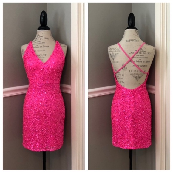 SCALA SZ 6 FUCHSIA PINK SEQUIN BEADED FORMAL COCKTAIL DRESS - Picture 1 of 7